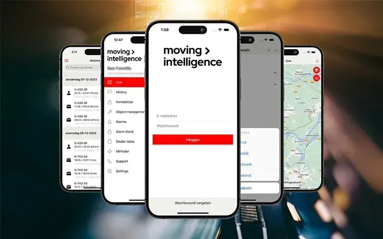 The Moving Intelligence app shown on several phone screens.