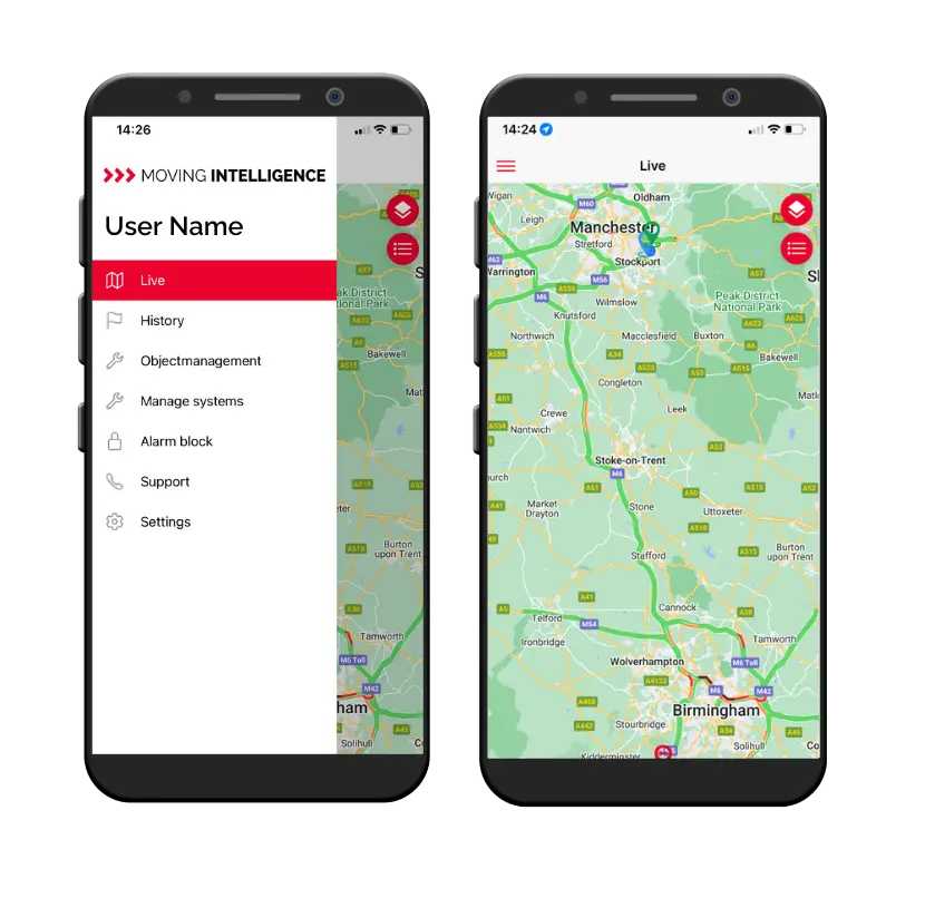 The Moving Intelligence app menu and live map shown on two phones.