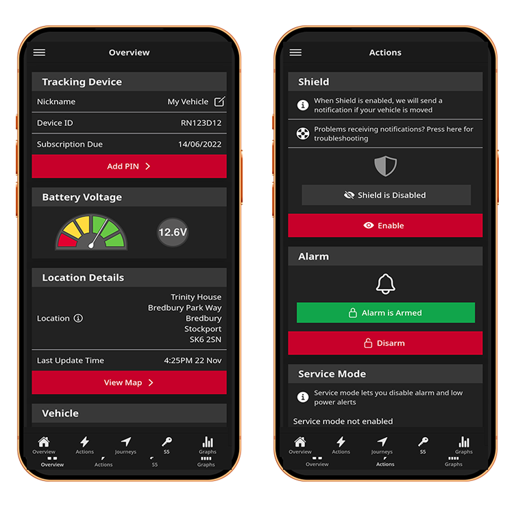 Custom built app and web portal showcase owned and built by moving intelligence for vehicle / asset management and high-level security.