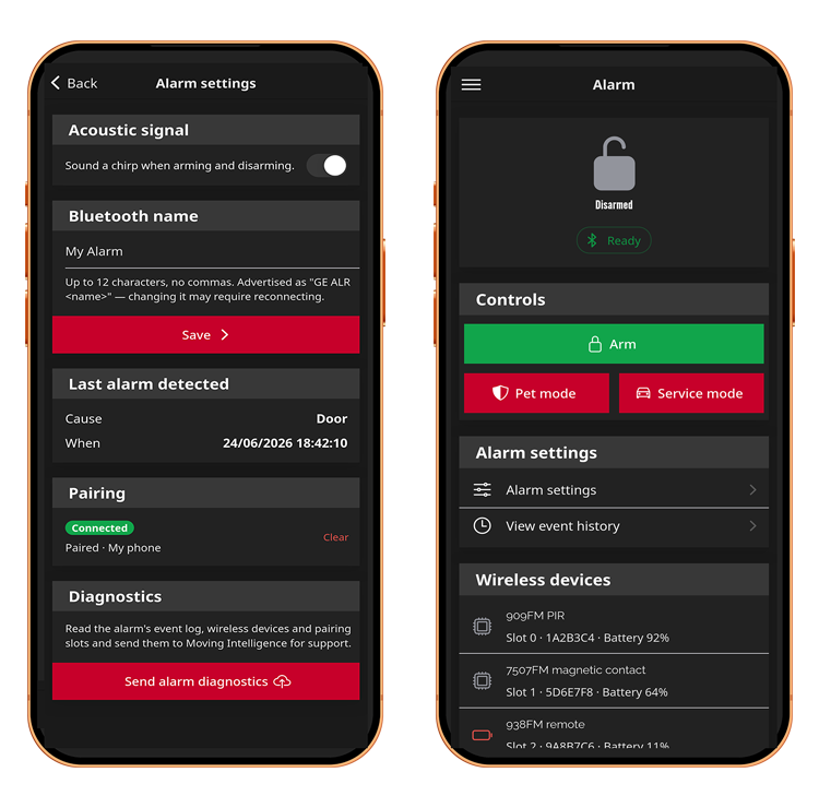 Custom built app and web portal showcase owned and built by moving intelligence for vehicle / asset management and high-level security.