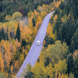Sky view of a motorhome driving along a road surrounded by woodland tracked by insurance approved tracking solutions.