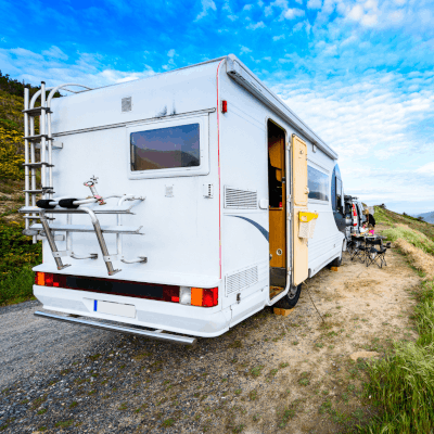 A view from the rear of a motorhome equipped with motion sensors at all entry points to protect against theft. 